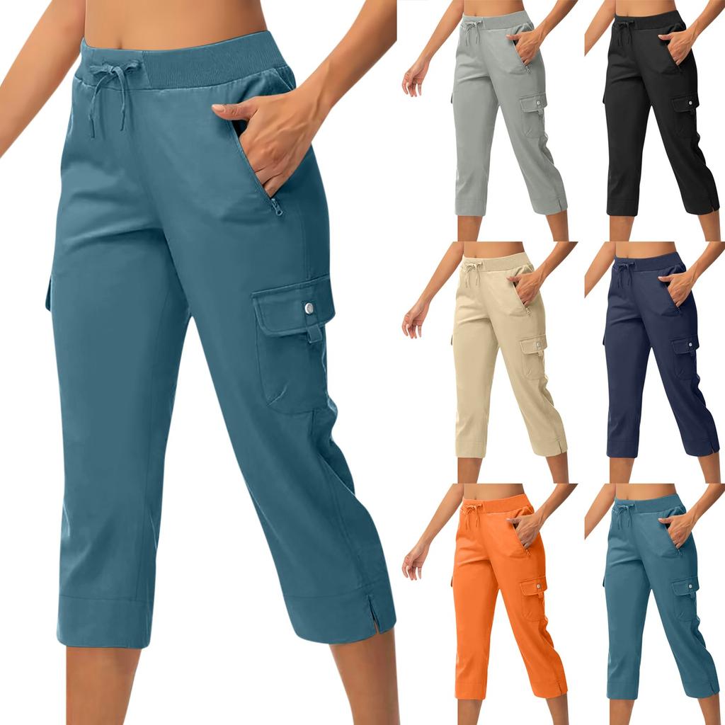 Women's Casual Color Blocking High Waisted Drawstring Pocket Workwear Pants Capris