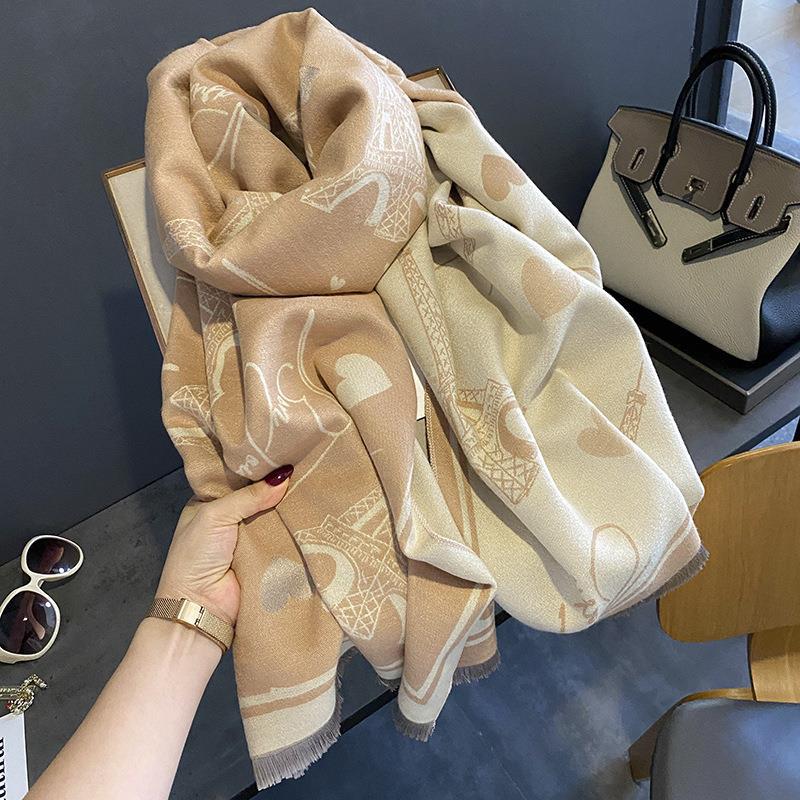 New Autumn and Winter Imitation Cashmere Scarf for Women European and American Style Iron Tower Pattern Warm Outer Wear Multi Purpose Scarf