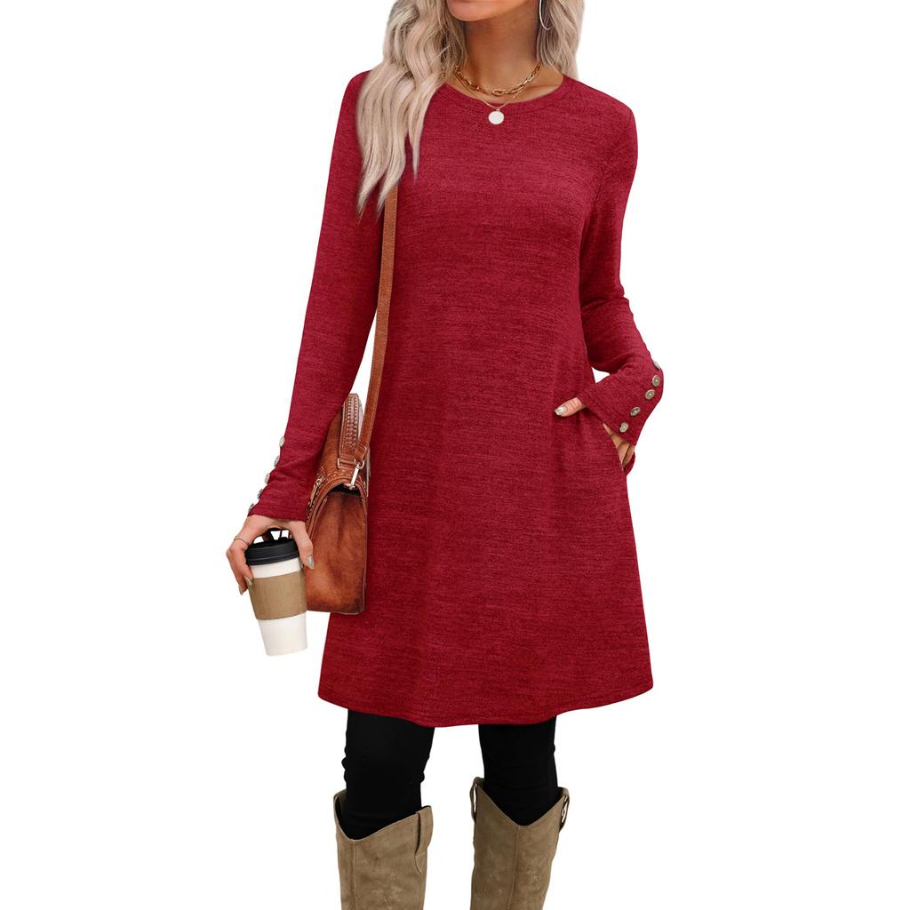 Женское модное повседневное платье с карманами, декоративными пуговицами, круглым вырезом, длинными рукавами, однотонное