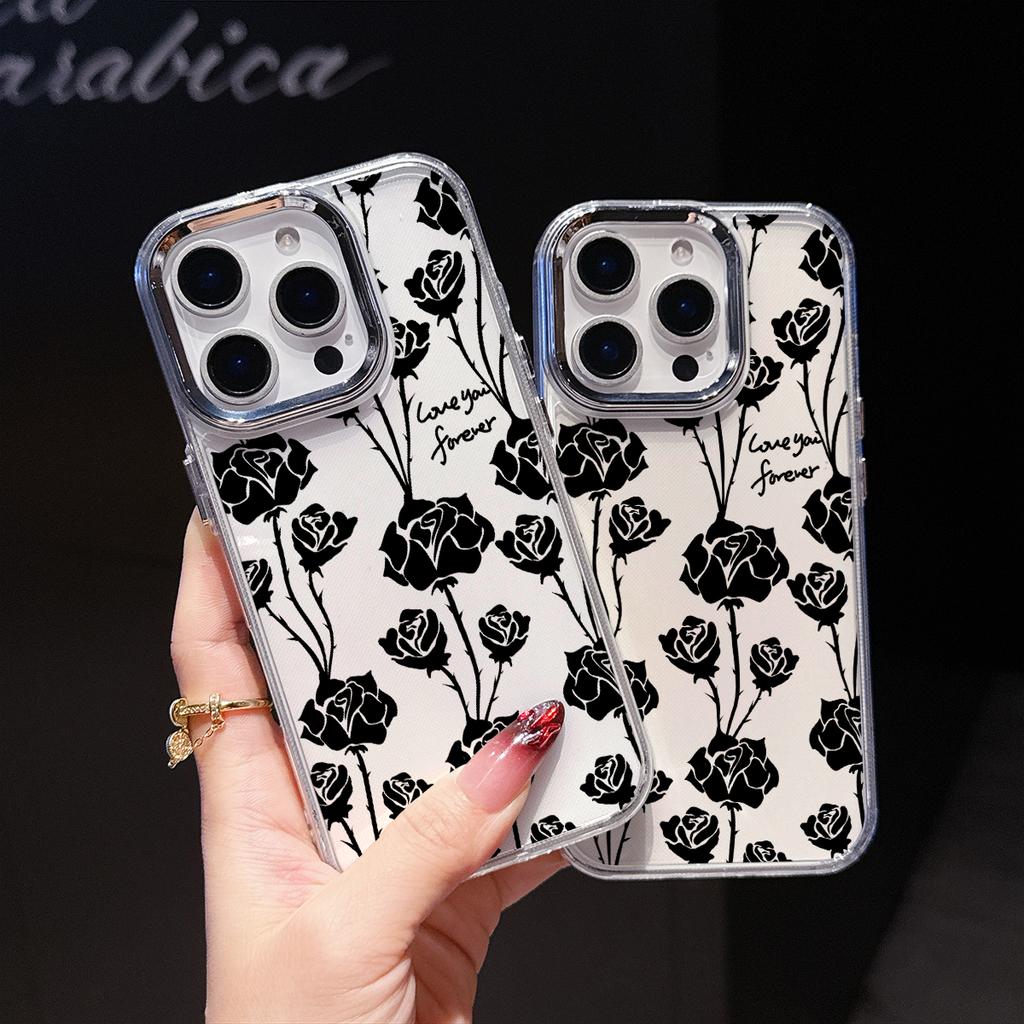 Clear Black Rose Phone Case for iPhone 17 Air 16E 16 15 Pro Max 14 Plus 13 12 Mini X Xs 8 7 Soft TPU Cover Coques Accessory