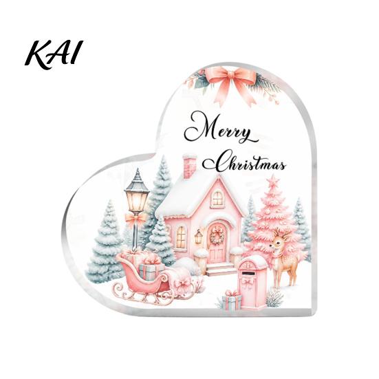 Santa Claus Desktop Ornaments Heart Shaped Acrylic Christmas Tabletop Sign, 2D Winter Snow Scene Ornament Festive Fireplace Display with Santa,