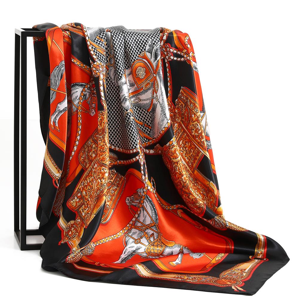 Luxury Brand Summer Kerchief Fashion Foulard Satin Headcloth 1 Piece of 35.4 Inches Square Shawls, Women Print 90X90CM Bandanna,