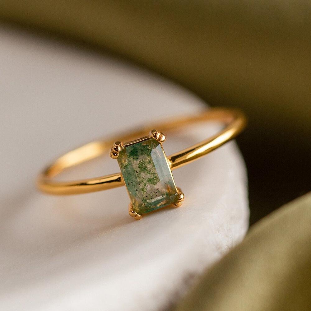 Vintage Square Synthetic Green Moss Agate Rings for Women Girls Light Luxury Gold Color Engagement Ring Wedding Jewelry Gifts