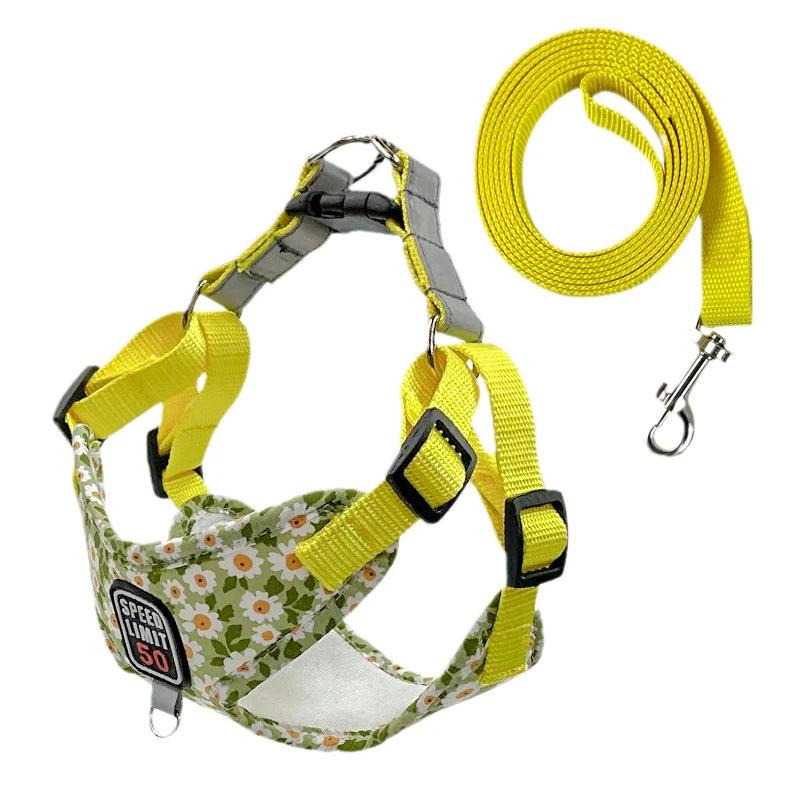 Floral Print Puppy Medium Dog Harnesses and Leash Set Reflective Pet Harness Vest for Small Dogs French Bulldog Shiba Inu Leads