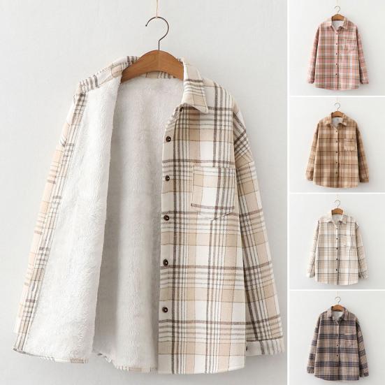Lapel Long Sleeves Patch Pocket Single Breasted Woolen Coat Thickened Fluffy Lining Plaid Print Shirt Jacket Outerwear