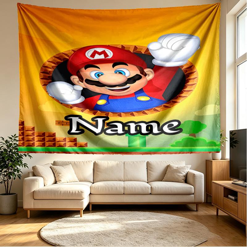 Custom Name Personalized Super Mario Print Tapestry, Wall Art Decor, Bedroom, Dorm, Apartment, LivingRoom, Party Backdrop, Gift for Birthday