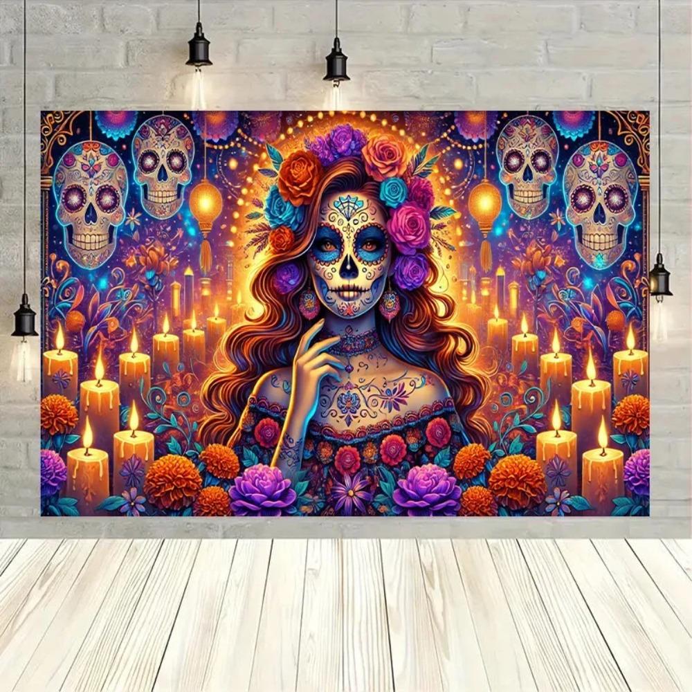 Day of The Dead Sugar Skull Theme Banner Decoration Backdrop Day of The Dead Party Home Decoration Photography Backdrop Cloth
