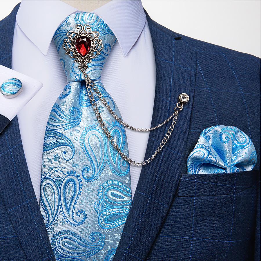 Paisley Tie for Men Necktie Silk Hanky Cufflink Set with Tie Ring Chain Brooch for Wedding Party