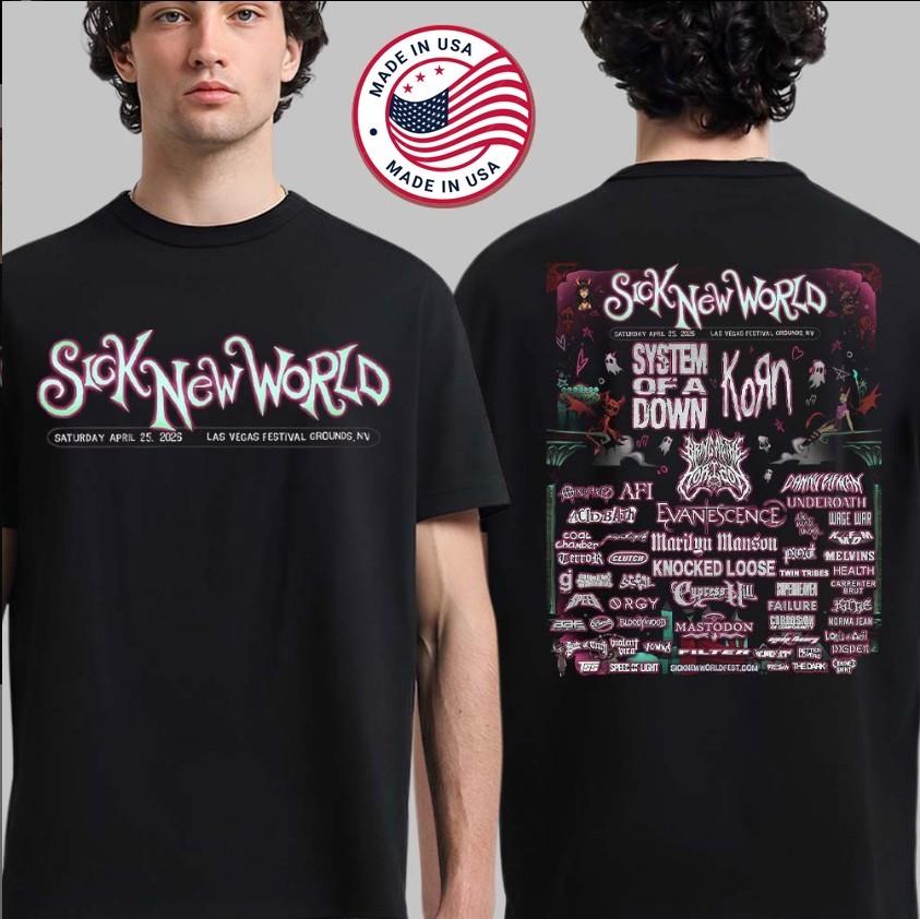 Крутая футболка Sick New World 2026 System Of A Down Korn Фестиваль в Лас-Вегасе Двусторонняя унисекс футболка