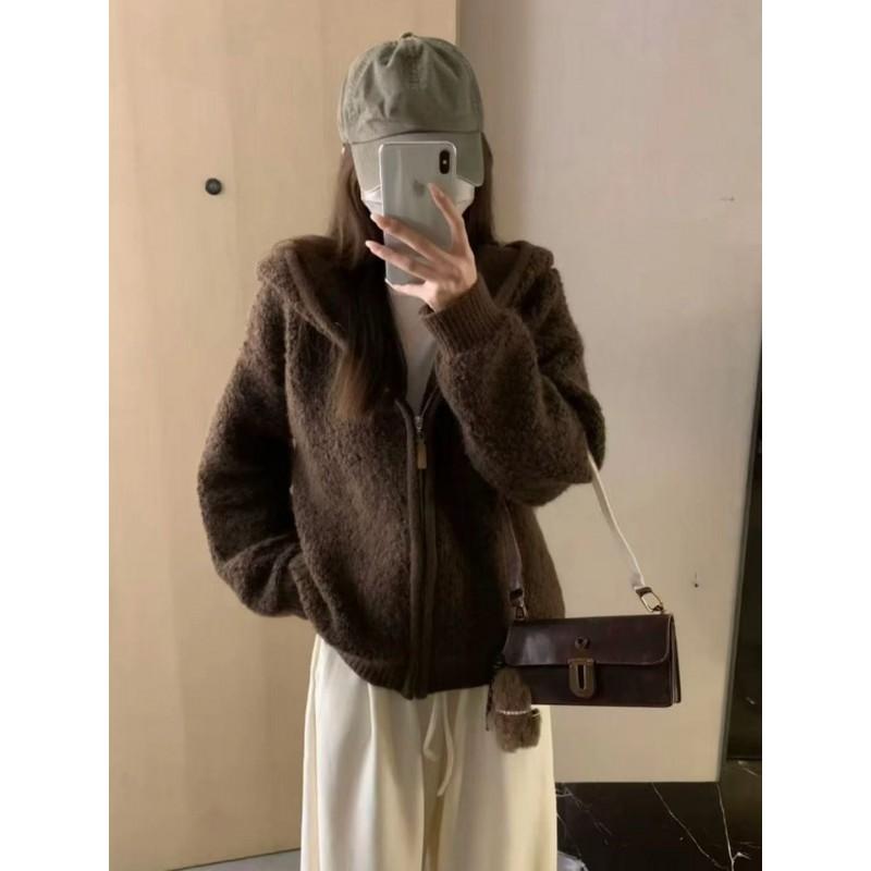 Korean Style Oversized Knit Cardigan Women Thick Cozy Hooded Sweater Long Sleeve Loose Fit 2026