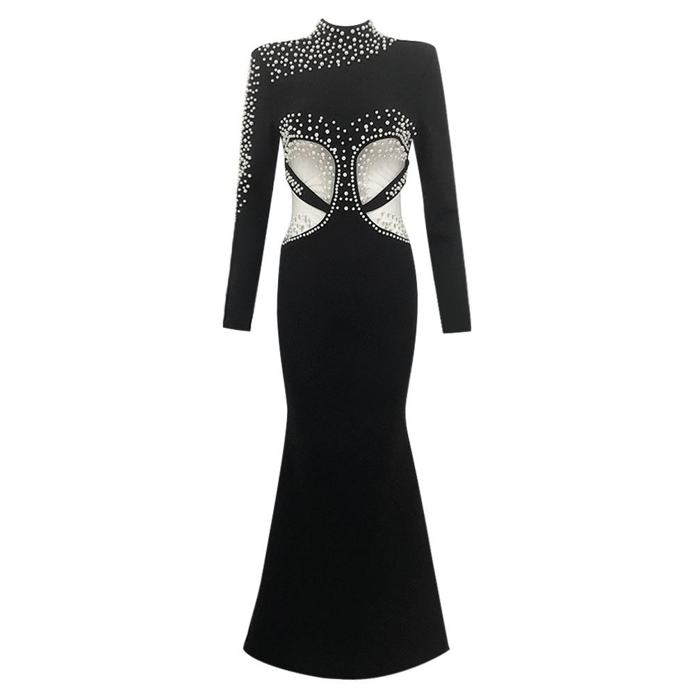 European and American new dress long-sleeved perspective sexy hip-wrapped lace pearl splicing dress