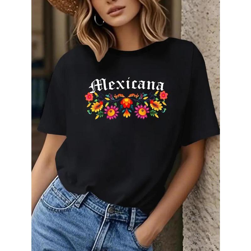 Женская черная футболка с графическим принтом Mexicana, цветочная, с круглым вырезом, короткий рукав, весна-лето, повседневный, яркий, модный топ