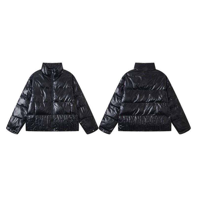 PU Leather Padded Jacket Men Stand Collar Loose Fit Winter Casual Outerwear