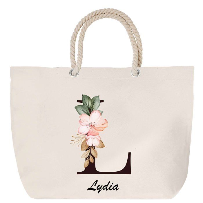 Sac de plage - PLANETEE - Lydia - Lettre Fleur - Anse corde - Grand format