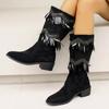 2024 Women's Shoes Slip On Mid-Calf Women's Boots Classics Daily Boots Women Bling Fringe Pointed Toe Square Heel Shoes Women