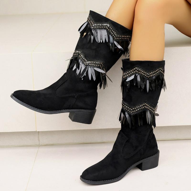 2024 Women's Shoes Slip On Mid-Calf Women's Boots Classics Daily Boots Women Bling Fringe Pointed Toe Square Heel Shoes Women