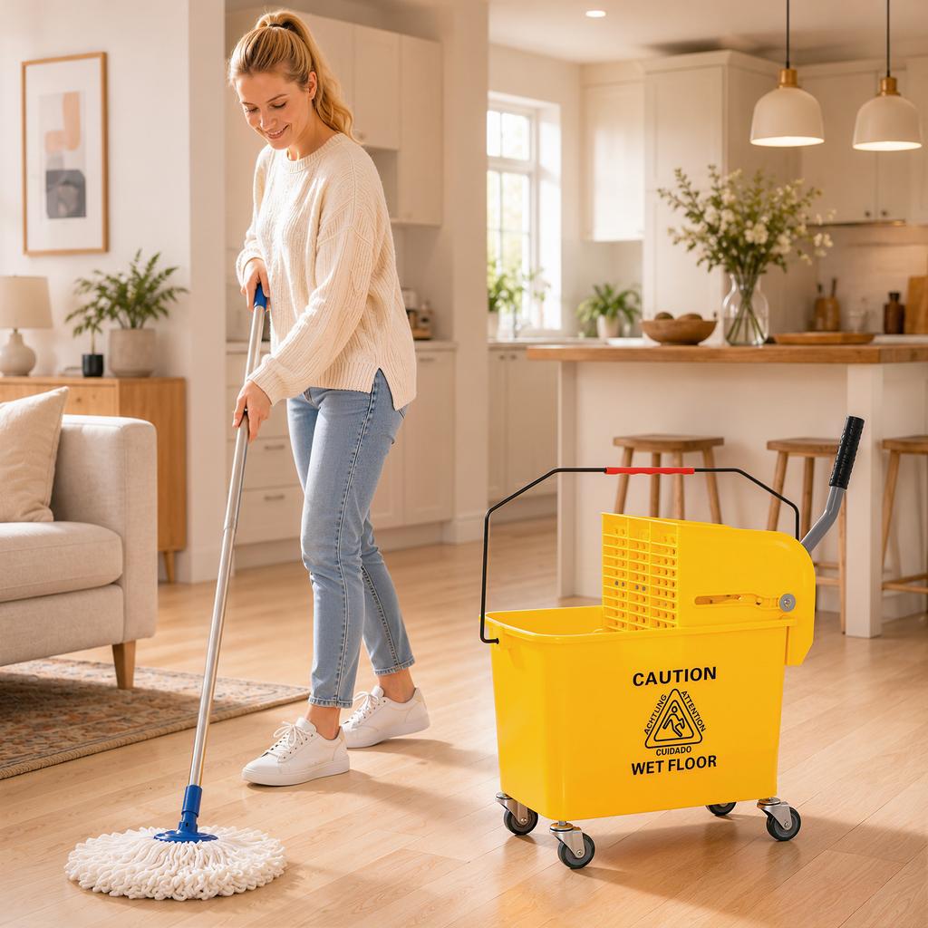20L Compact Mop Bucket on Wheels, with Water Separation Panel - Yellow