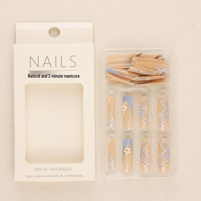 Съемные длинные белые ногти с дизайном из маленьких цветов и бантиков