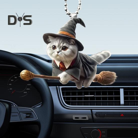 Halloween Wizard Cat Hanging Decoration Home Indoor Christmas Tree Car Rearview Mirror 2D Flat Acrylic Broom Kitten Hanging Ornament Animal Pendant