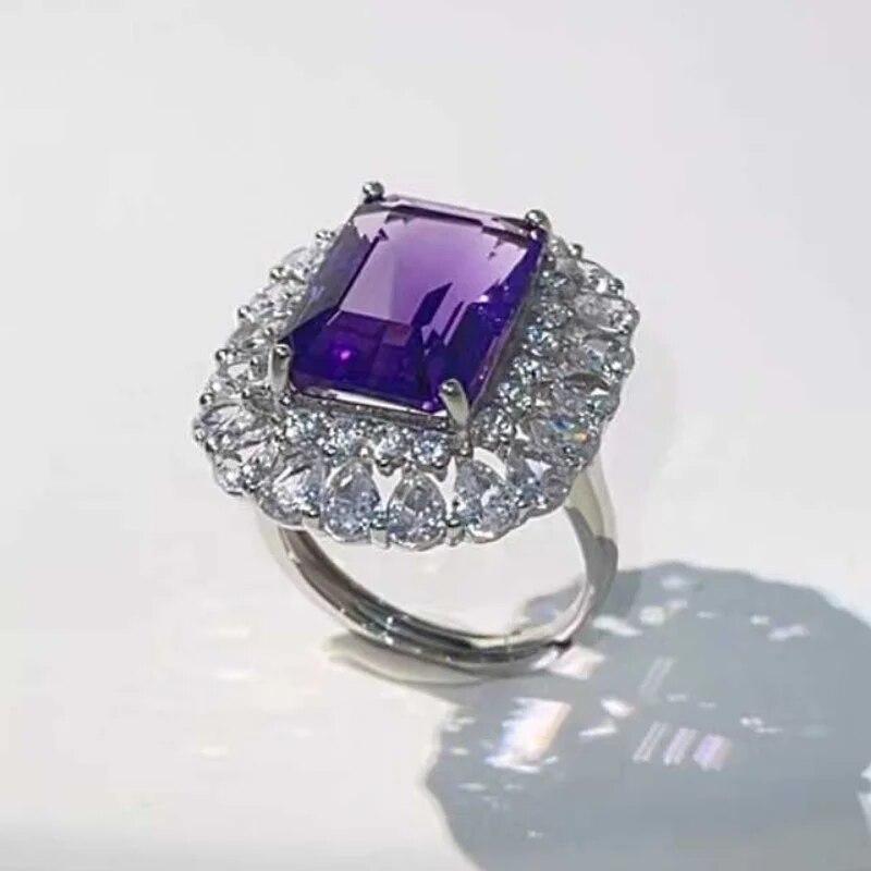 Sace Gems Кольца из стерлингового серебра 925 пробы с изменяемым размером 10*14 мм из натурального аметиста для женщин, ювелирные изделия для помолвки, коктейля и вечеринки