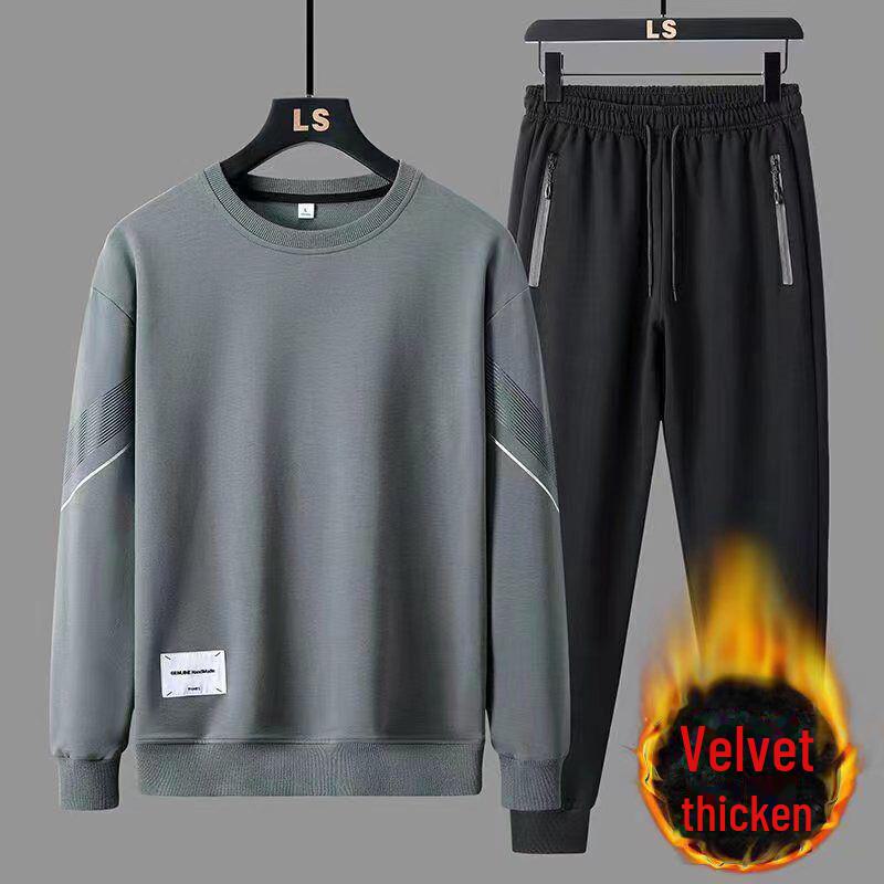 Мужской зимний повседневный спортивный костюм Plus Velvet: Свободный крой, круглый вырез, толстое пальто, модный комплект из 3 предметов большого размера