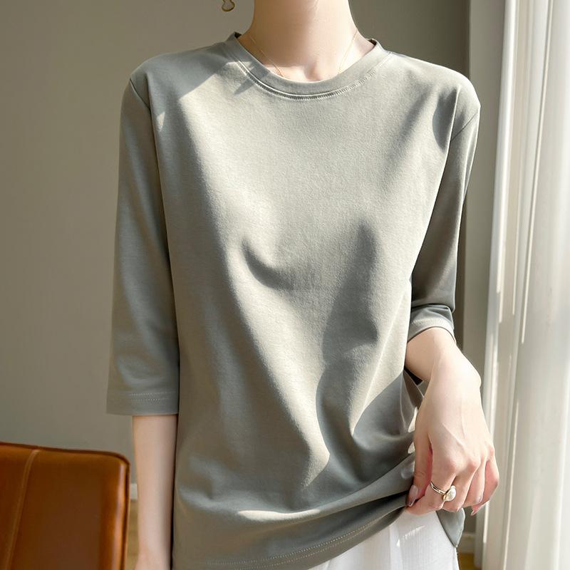 Весна-лето женская футболка с круглым вырезом из шелковистого хлопка с коротким рукавом, женственная хлопковая рубашка с укороченным рукавом