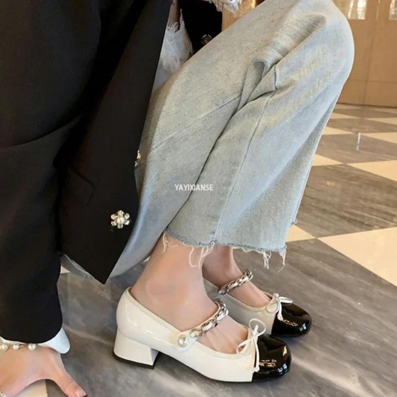 Fashion Retro Square Toe Chunky Heels Mary Jane Shoes New Color Matching Bow Chain Pumps Outdoor Dress Soft Ballet Shoes 2024