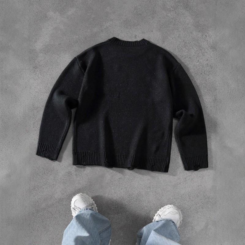 Oversized Streetwear Knit Sweater With Letter Jacquard Distressed Holes - Unisex Winter Pullover Hip Hop Style