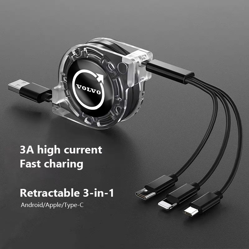 3 In 1 Fast Charging Cable USB Type C Retractable Charger For Volvo XC90 V90 V60 XC60 V40 EC40 EX40 S80 S60 S90 C40 XC40 V70 XC7 JL9