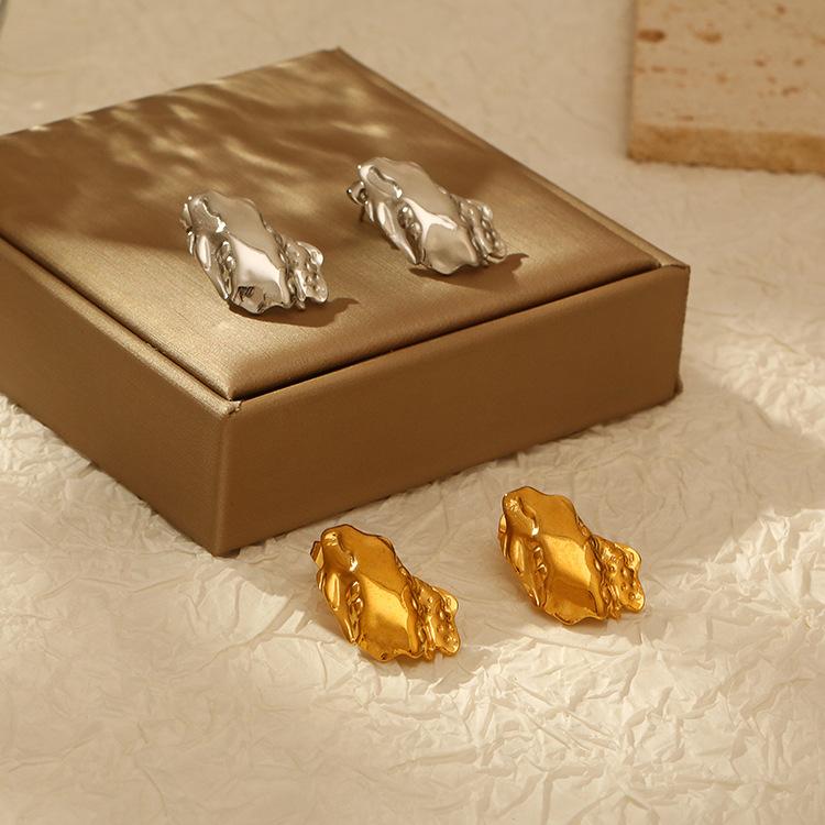 Необычные серьги-гвоздики Простые серьги-плиссе из нержавеющей стали с метеоритом и лавой Уличная бижутерия