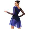 Womens Figure Skating Dress Contrast Color Rhinestones Gradient Mesh Skirt One Piece Leotard