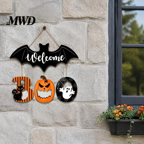 Spooky Home Entrance Sign Halloween BOO Door Sign, Bat Welcome Hanging Wooden Ghost Pumpkin Autumn Party Supplies Black Cat Hanger Ornaments for Front