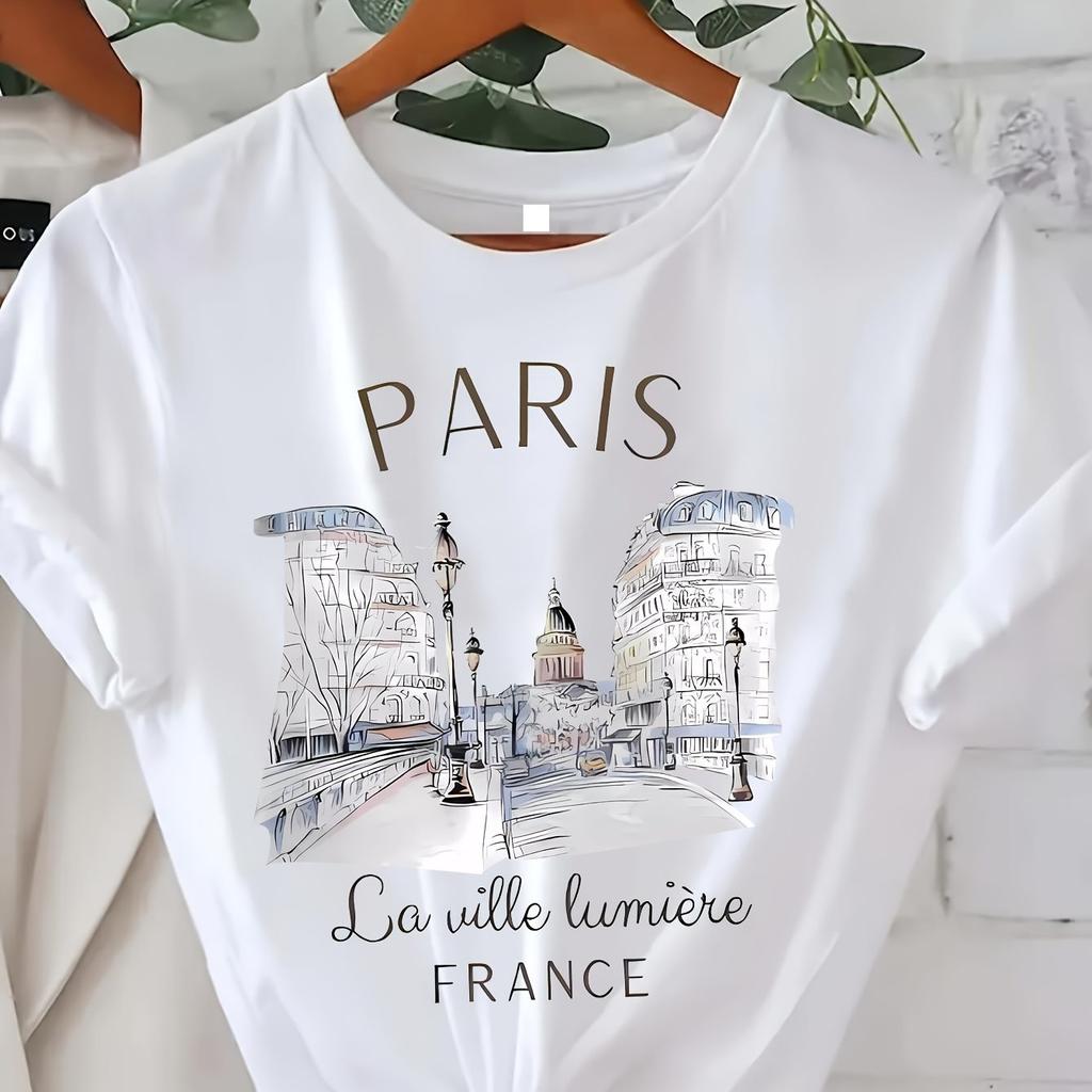 Футболка Paris Women Print T Shirt Girl Short Sleeve A-Line Casual Top for Summer & Spring, женская одежда