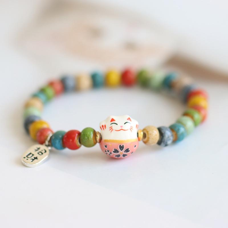 Милый браслет Lucky Cat для девочек, регулируемые цветные браслеты из бисера