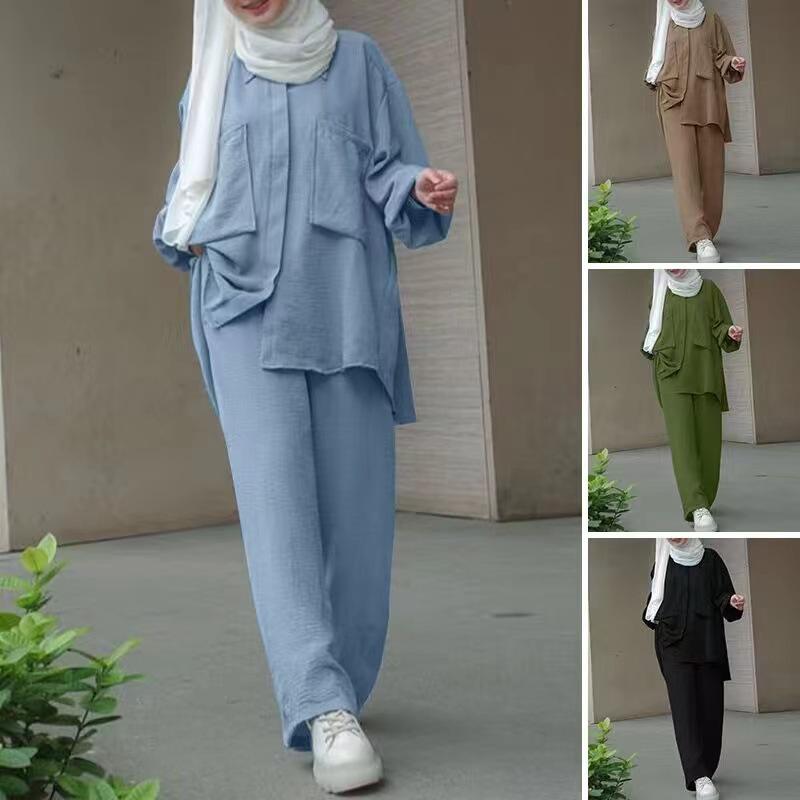 2024 Middle East Muslim Long Sleeve Shirt & Elastic Waist Pants Set with Patch Pocket & Hidden Placket, Yarn-Dyed