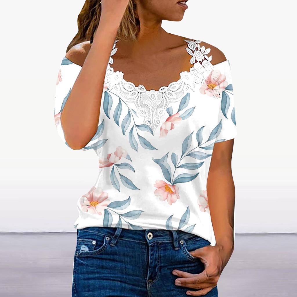 Женские кружевные лоскутные топы с v-образным вырезом, футболка с короткими рукавами, футболка с принтом, туника, топ