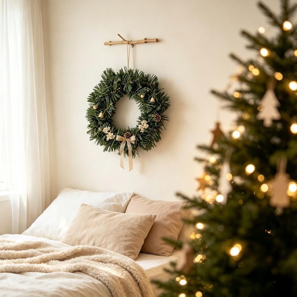 Green Pine Needle Christmas Garland Realistic Simulation Wreath Ornament Outdoor Front Door
