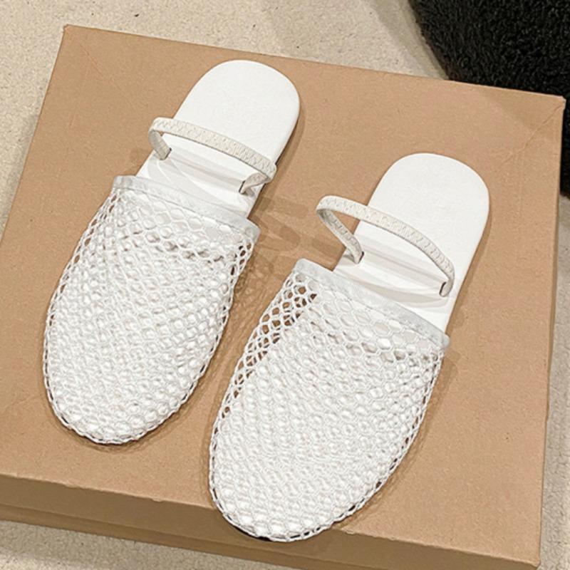 Модные летние плоские сандалии Женская мода Круглый носок Глубокий вырез Сетчатая ткань Дышащие Мягкая подошва Противоскользящие Износостойкие Шлепанцы