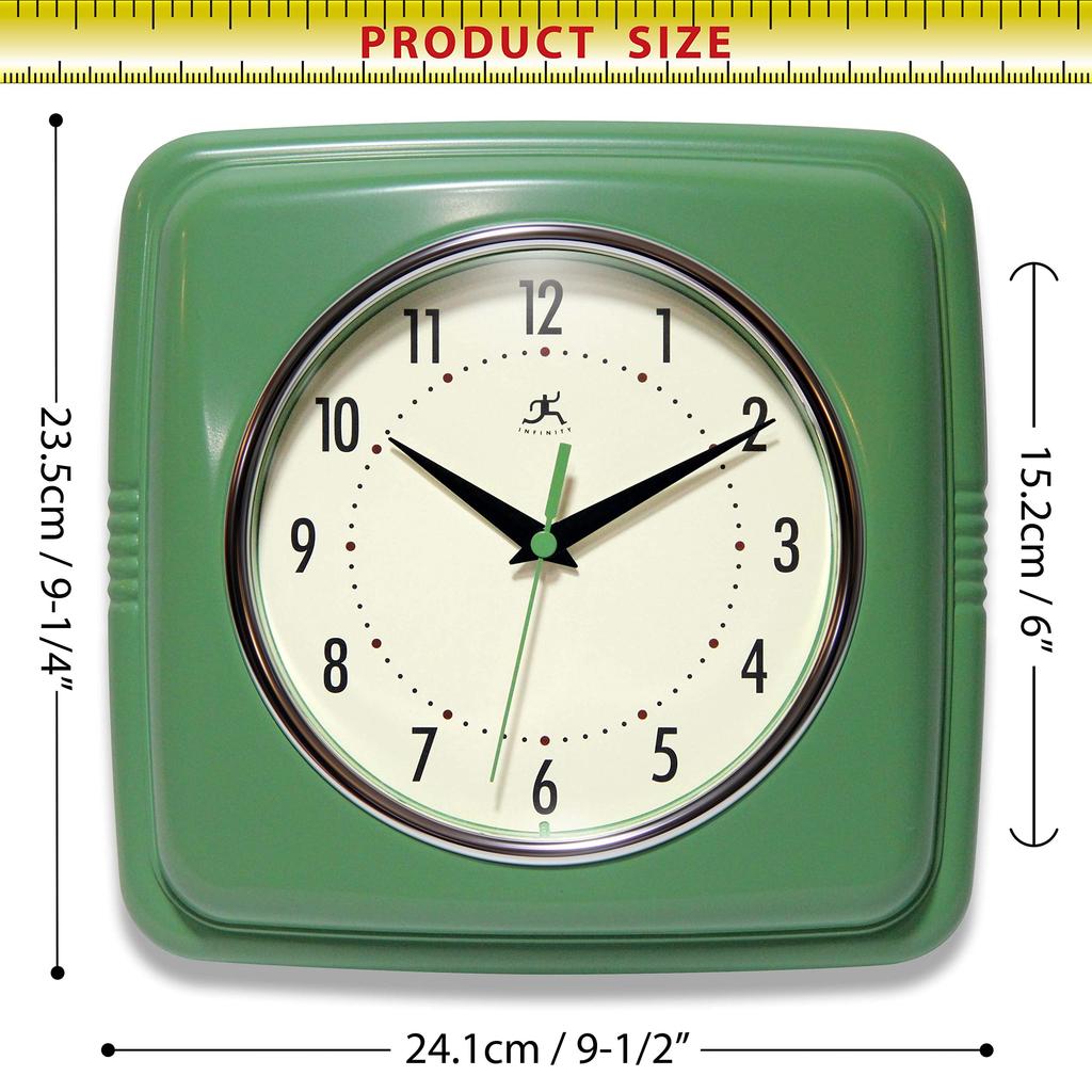 Infinity Instruments Square Silent Retro 9 дюймов Mid Century Modern Kitchen Diner Retro настенные часы Quartz Sweep Movement дюйм (зеленый), 9.25