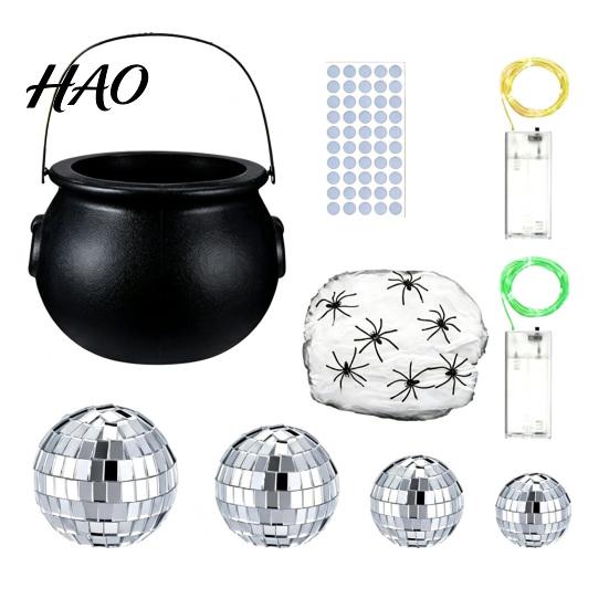 Retro Mirror Ball Set Halloween Disco Bubbling Witch Cauldron Kit, Kettle with 40 Balls 2 Spider Web Party Props Light Strings Webs Fake 100 Adhesive
