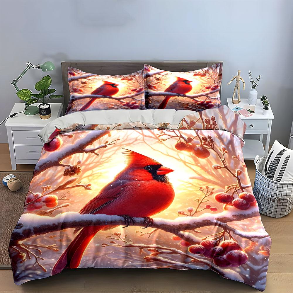 Winter Scenery with Cardinal Trio kid's and adults' bedroom decor, Exquisite three-piece bedding set gift