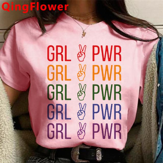 Феминистская одежда для девочек Power Grl Pwr, феминизм, женская одежда в стиле гранж, японский стиль Харадзюку, винтажный ulzzang, летний топ, одежда для пар