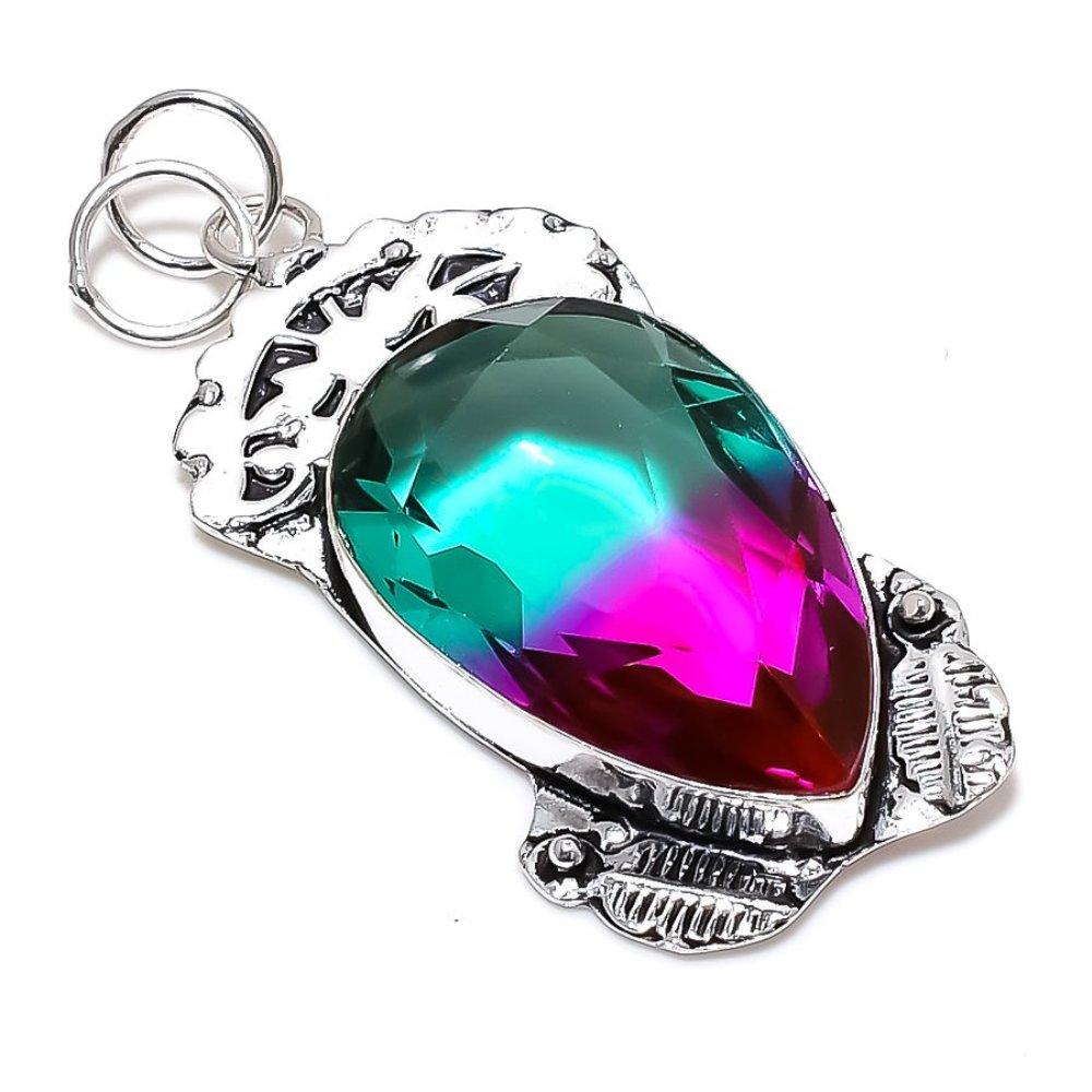 Natural Bi-Color Tourmaline Gemstone 925 Sterling Silver Pendant 2.64" d6U65
