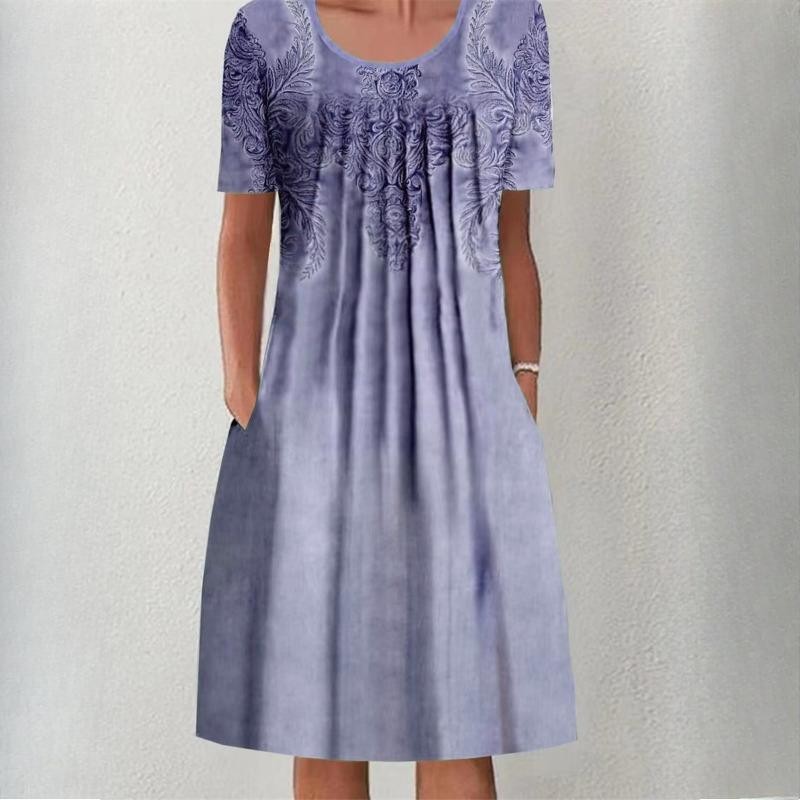 QICED Женская мода лето весна однотонный принт с коротким рукавом и круглым вырезом с высокой талией повседневные платья