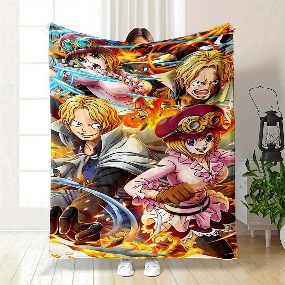 Characters in dynamic poses surrounded by flames and action effects. for all seasons blanket lunch break throw gift