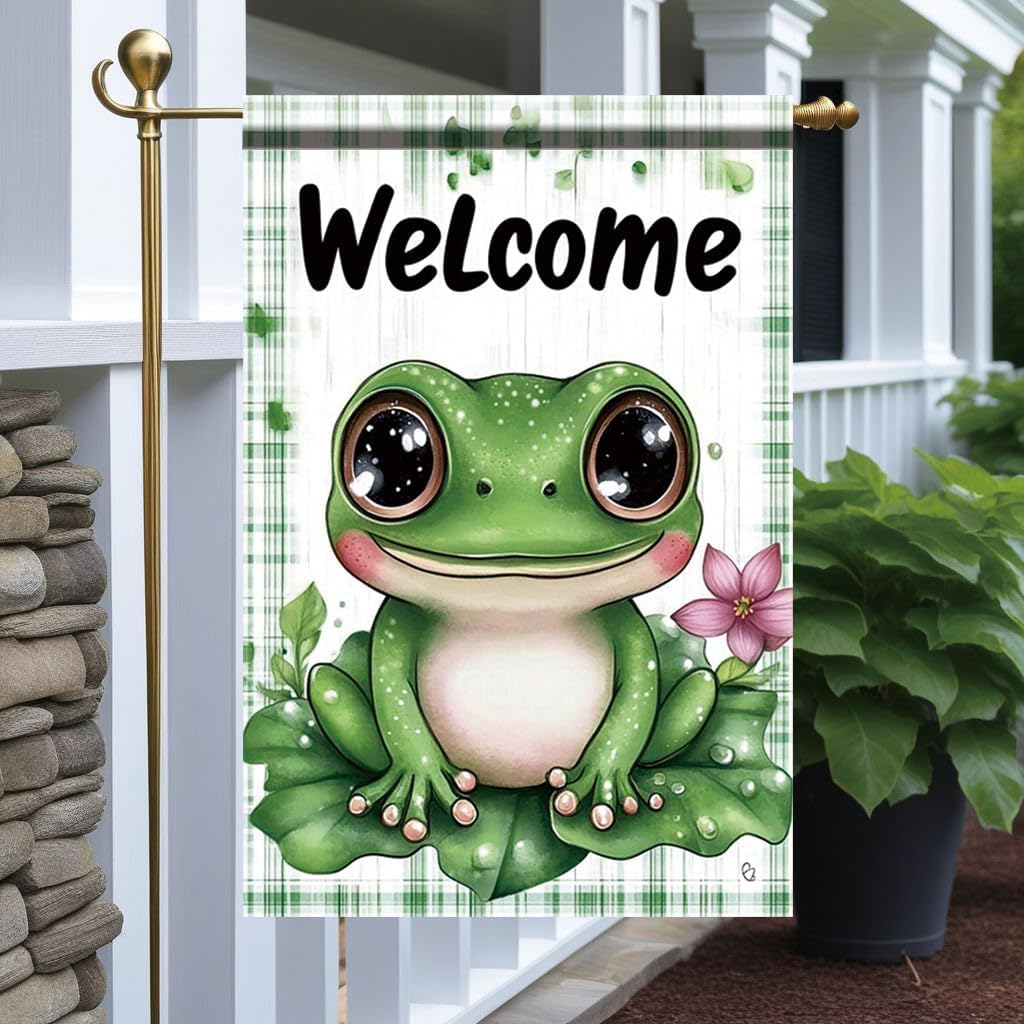Welcome Frog Garden ag 12x18 Inch Double Sided Outdoor Yard Banner Cute Green Frog on Leaf with ower Spring Summer Porch SSL