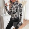 New Women's Zebra Print High Neck Mesh Slim Fit T-shirt Top for Women