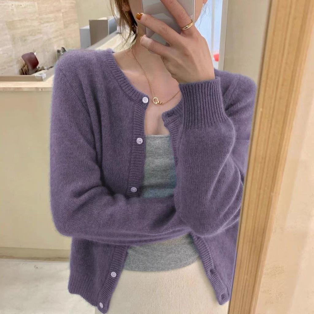 Solid Color Knitted Women Cardigan Korean Single Breasted Long Sleeve Jumper Woman Round Neck All Match Cardigans Outwear