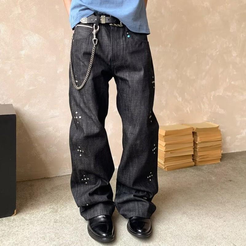 Studded Denim Pants Men Women Loose Wide Leg Straight Cut Casual Jeans