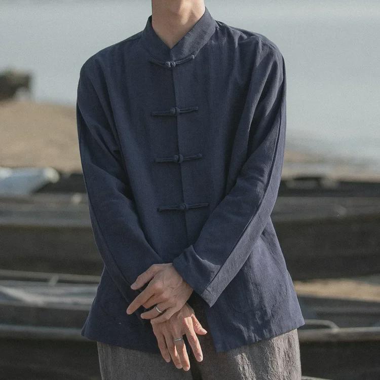 Мужской пиджак с длинными рукавами из хлопка и льна в стиле Тан - весенний пиджак Чжуншань в стиле ретро в китайском стиле